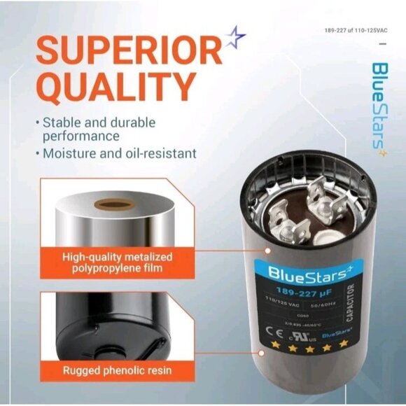 BlueStars Ultra Durable 189-227 uf/MFD 125 VAC Volts Round Start Capacitor 50/60 - Picture 5 of 12